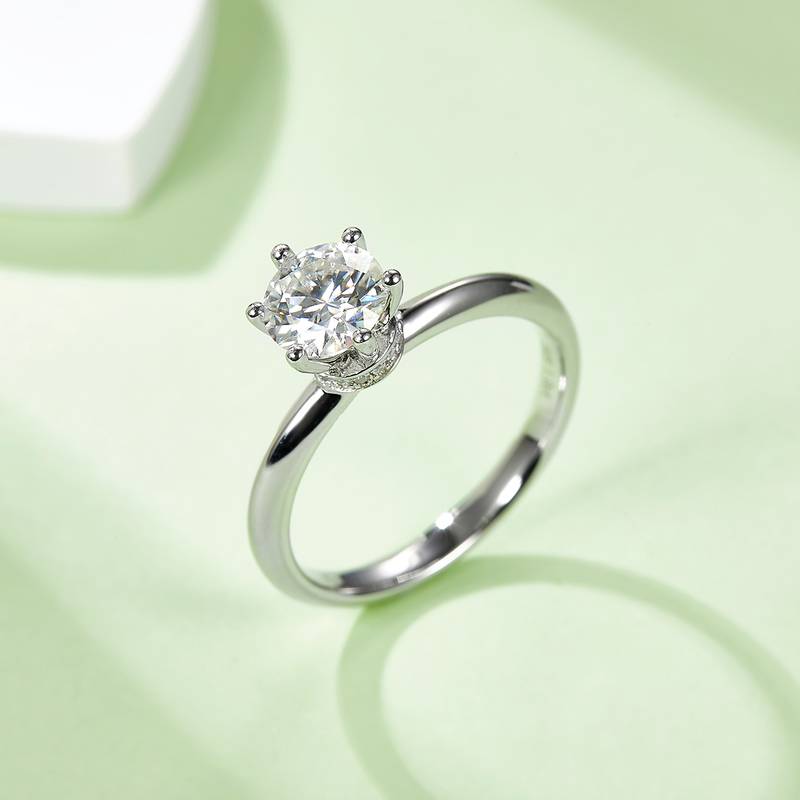 直臂爪镶围脖S925银镀白金MoissaniteWomen's Ring1ctD级